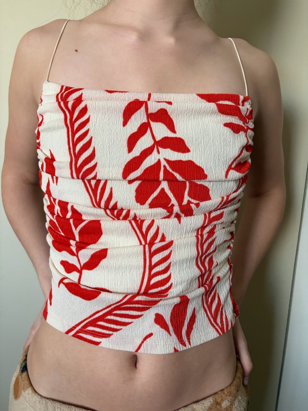 H&M White & Red Leaf-Print Smocked Cami